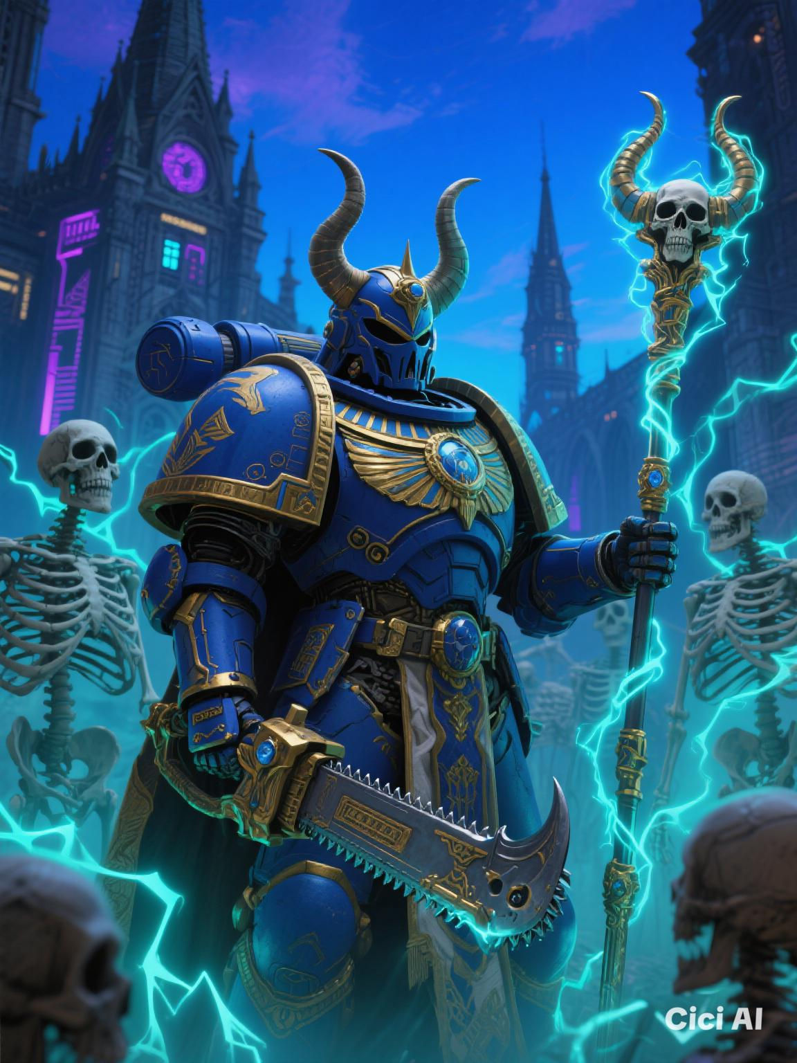Photographic realistic futuristic portrait  A John Blanche style painting of a Thousand Sons Space Marine sorcerer in ornate blue-and-gold p...
