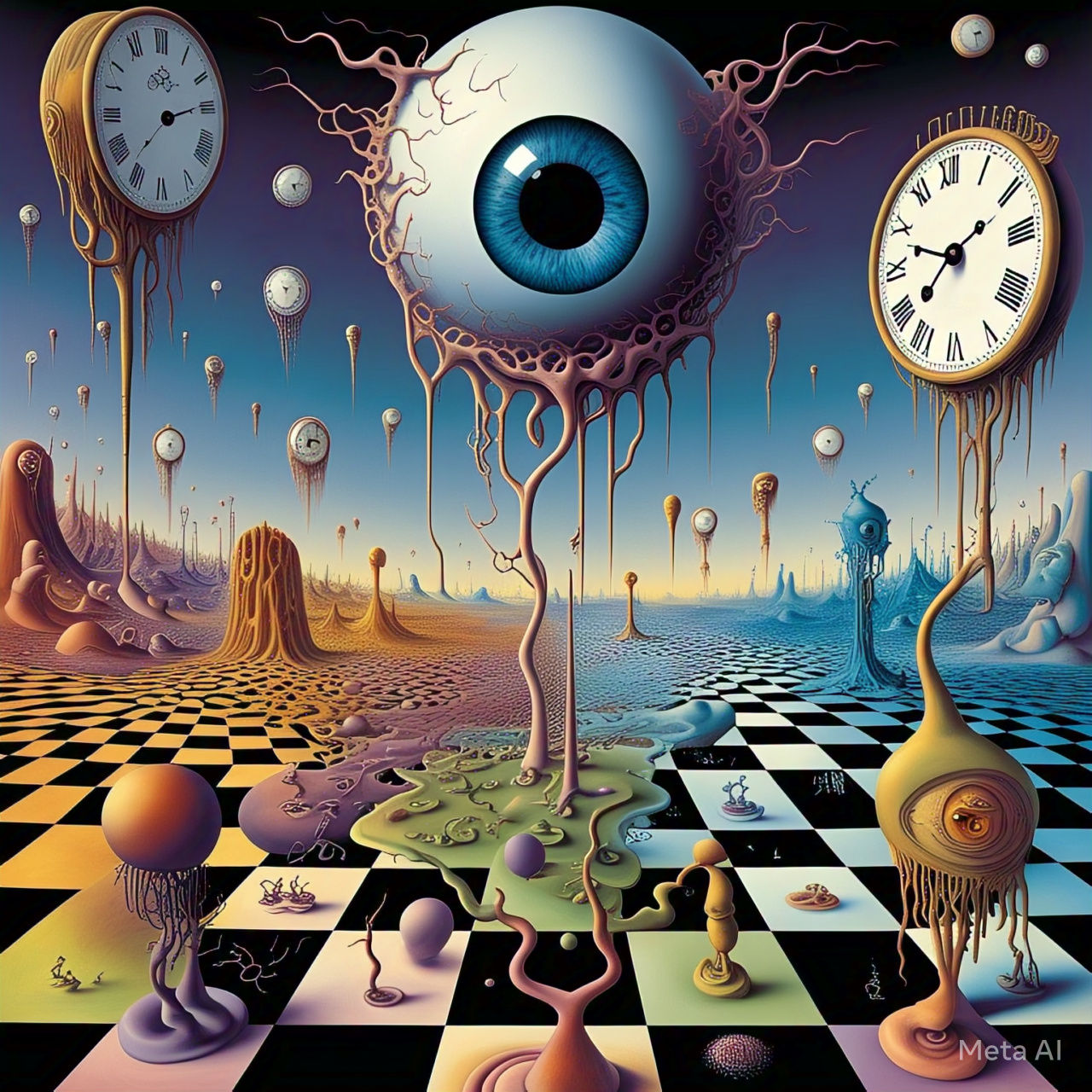 A surreal dreamscape featuring a giant, floating eye in the sky, overlooking a landscape of melting clocks and distorted figures. The ground...