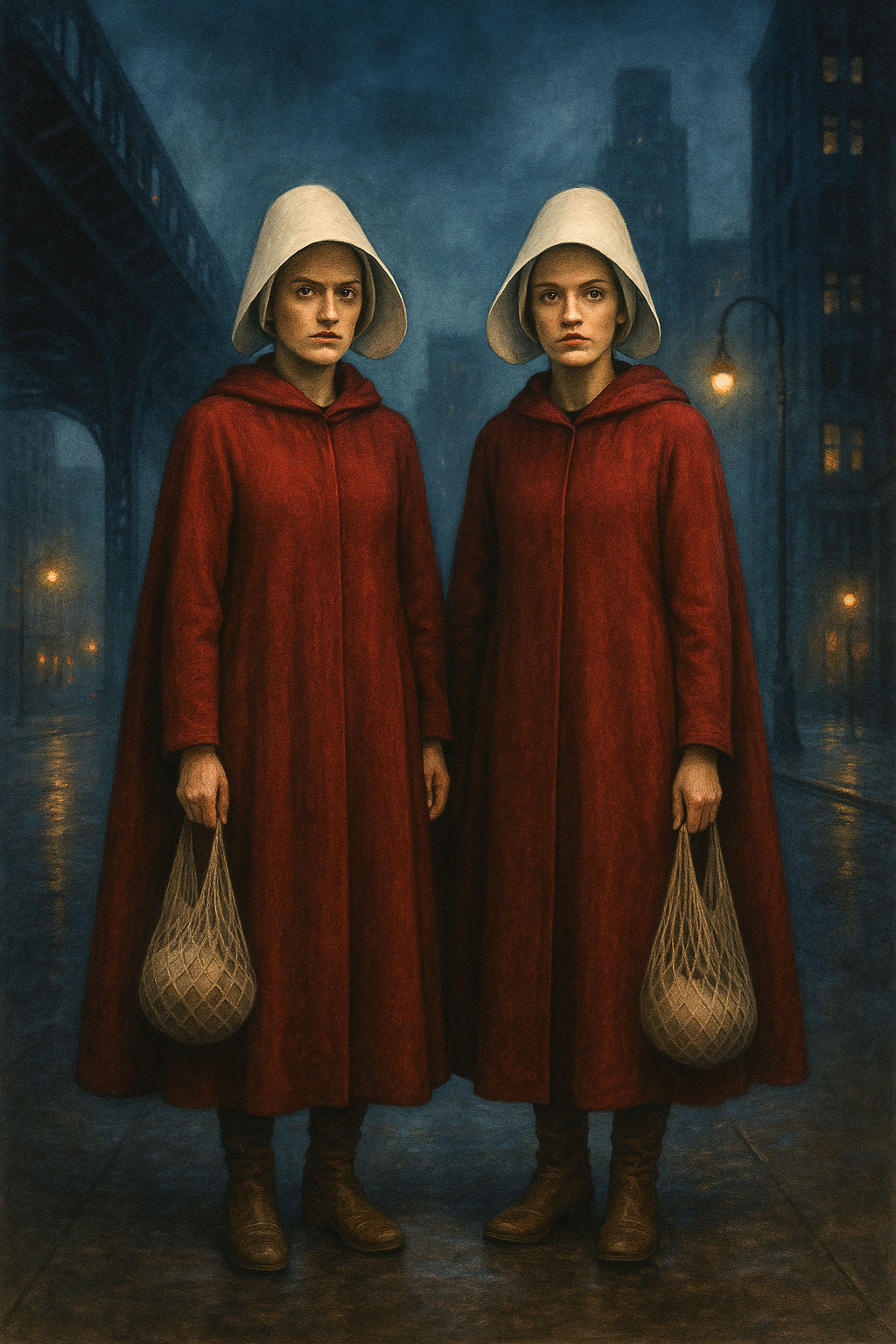 Two women standing side by side, wearing white cone-shaped bonnets that frame their faces, long flowing red coats, and brown boots, each car...