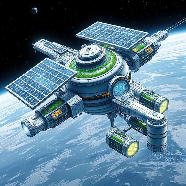 A detailed schematic of an orbital habitat, with crystalline solar arrays and domed hydroponic greenhouses, connected by illuminated transit...