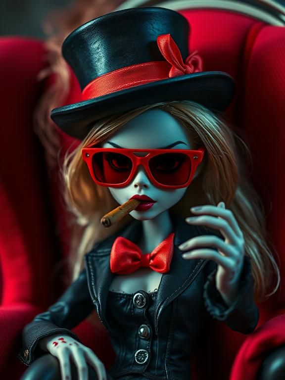Zombie killer Bratz doll wearing red sunglasses and a top hat with a red ribbon round it is smoking a cigar been sitting in the red armchair