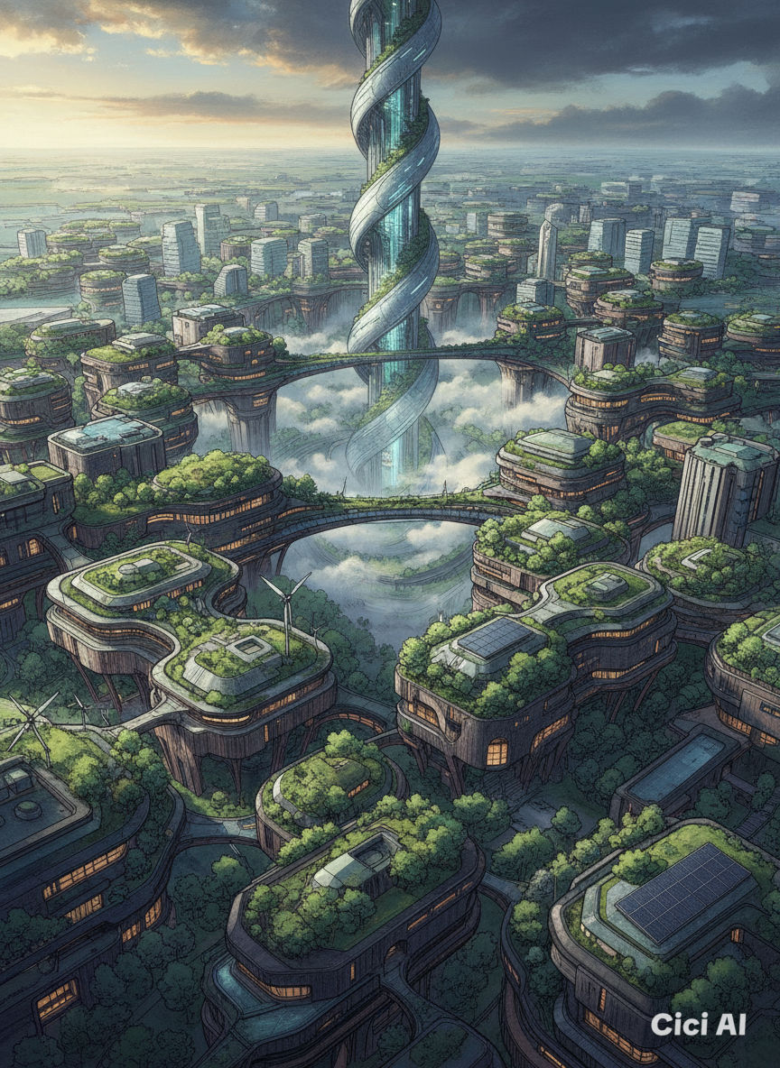 Modern Futuristic city; high view; ecological, sustainable and green architecture; modern wooden buildings in the style of Kengo Kuma; hues ...