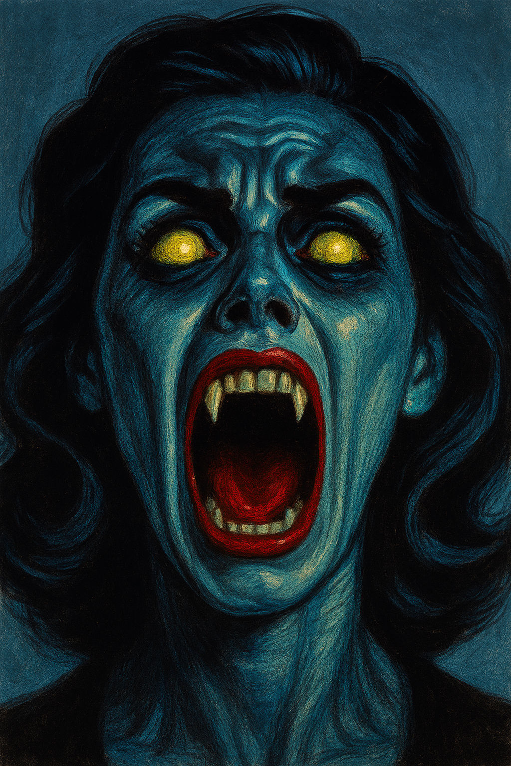 Eine Nahaufnahme, in der das Gesicht einer jungen, kaukasischen Frau in einem erschreckenden, expressionistischen Stil zu sehen ist. Die Fra...