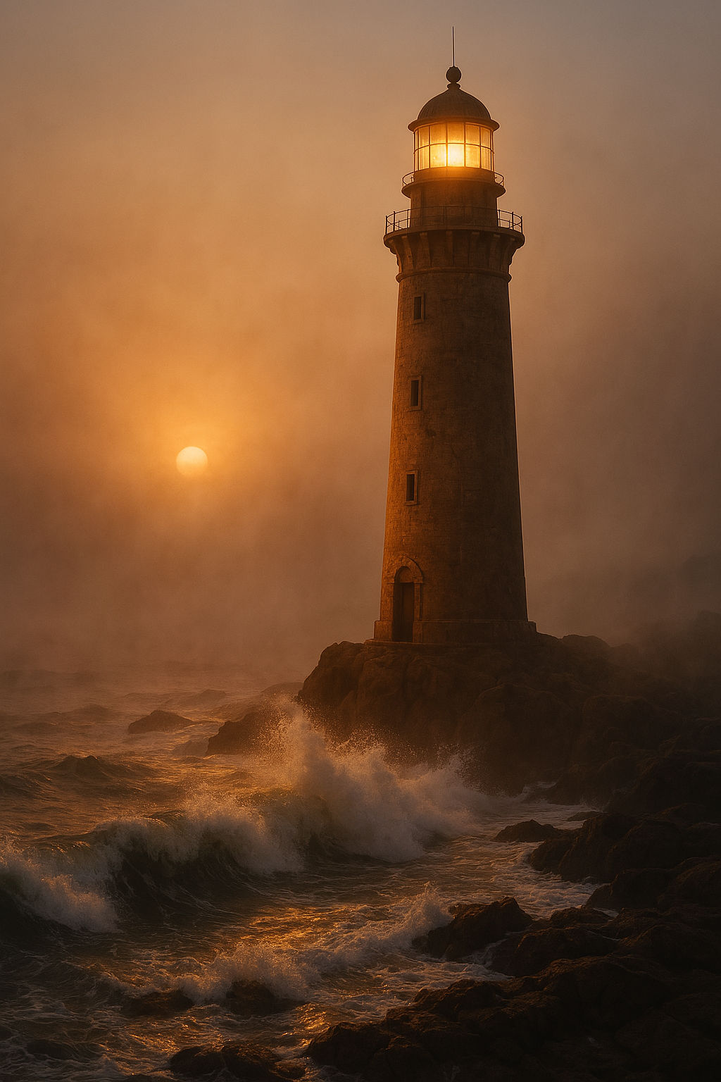 A towering lighthouse stands alone on a rocky coastline, its weathered stone facade glowing warmly under the soft, golden light of a setting...