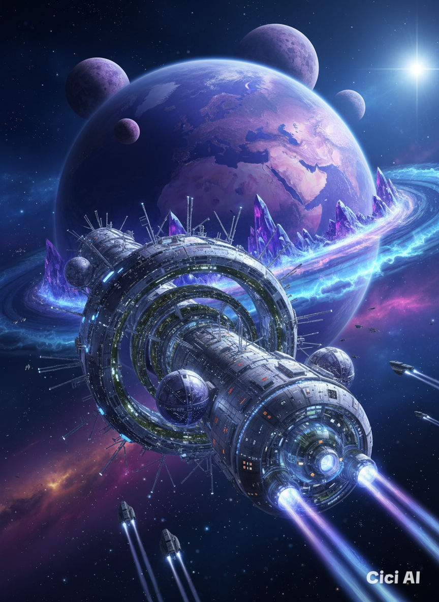 Epic space opera digital art of a colossal cylindrical generation ship with rotating habitat rings stretching for kilometers, its hull adorn...