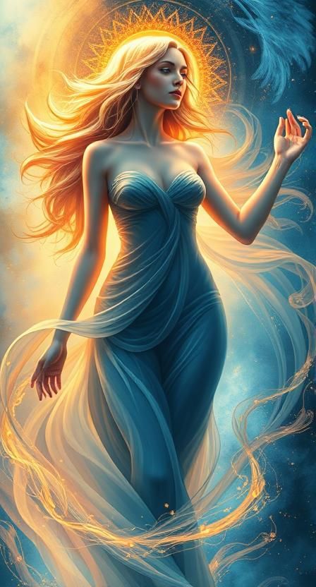 The image portrays a graceful, almost divine feminine figure bathed in a dreamlike swirl of colors—blue, orange, and gold—suggesting a blend...