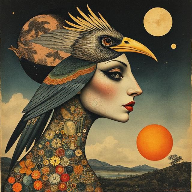 A surrealist collage of a bird woman in the style of Max Ernst