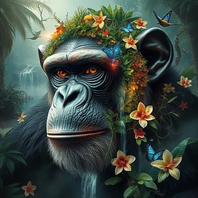 Eco-surrealism fantasy realism of a wise chimpanzee — its face and body formed from lush jungle, flowing rivers, and ancient trees; eyes ref...
