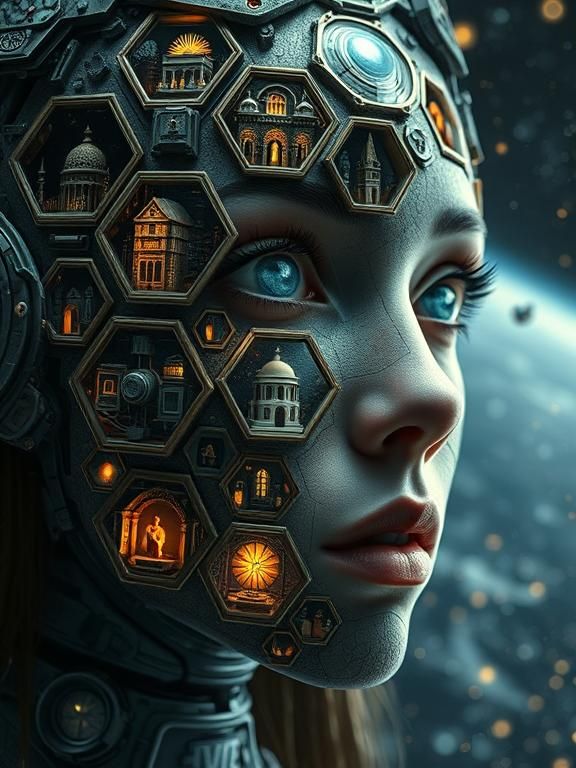 A surreal and highly detailed portrait of a celestial archivist composed entirely of theo-mechanical vaults of astral civilization, each enc...