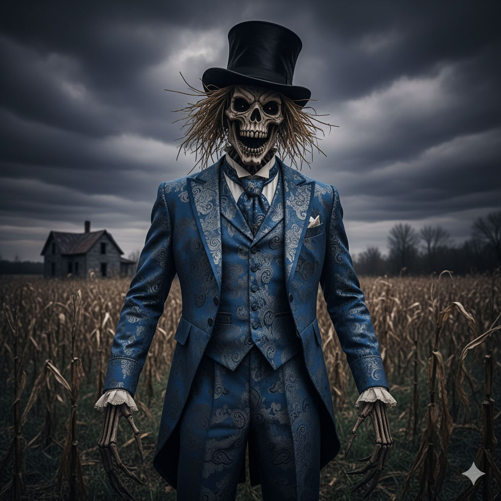 A haunting scarecrow figure dressed in an elegant Victorian-style blue suit with intricate swirling patterns. It wears a tall top hat and ha...