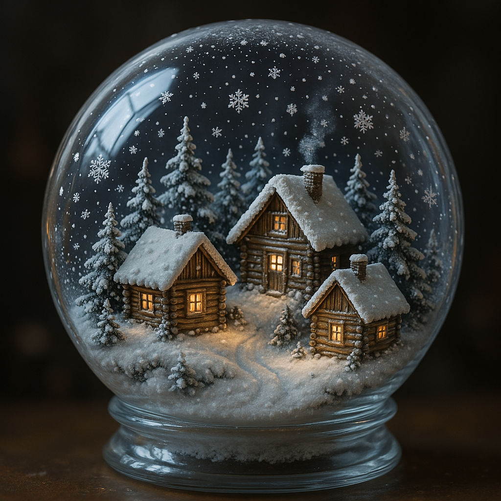 A Miniature snow-covered village in a glass globe with intricate log cabins and delicate snowflakes.