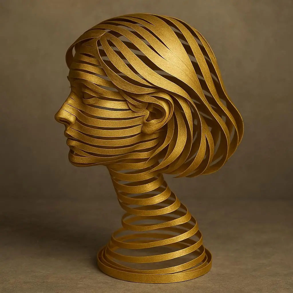 Create an image of a sculpture shaped from a continuous, long, and narrow strip of gold metallic paper, spiralling upwards from the ground. ...