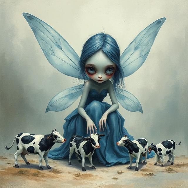 Surreal whimsical painting of a jung female fairy dressed in blue with elongated forms, exaggerated proportions, large glossy eyes, playing ...