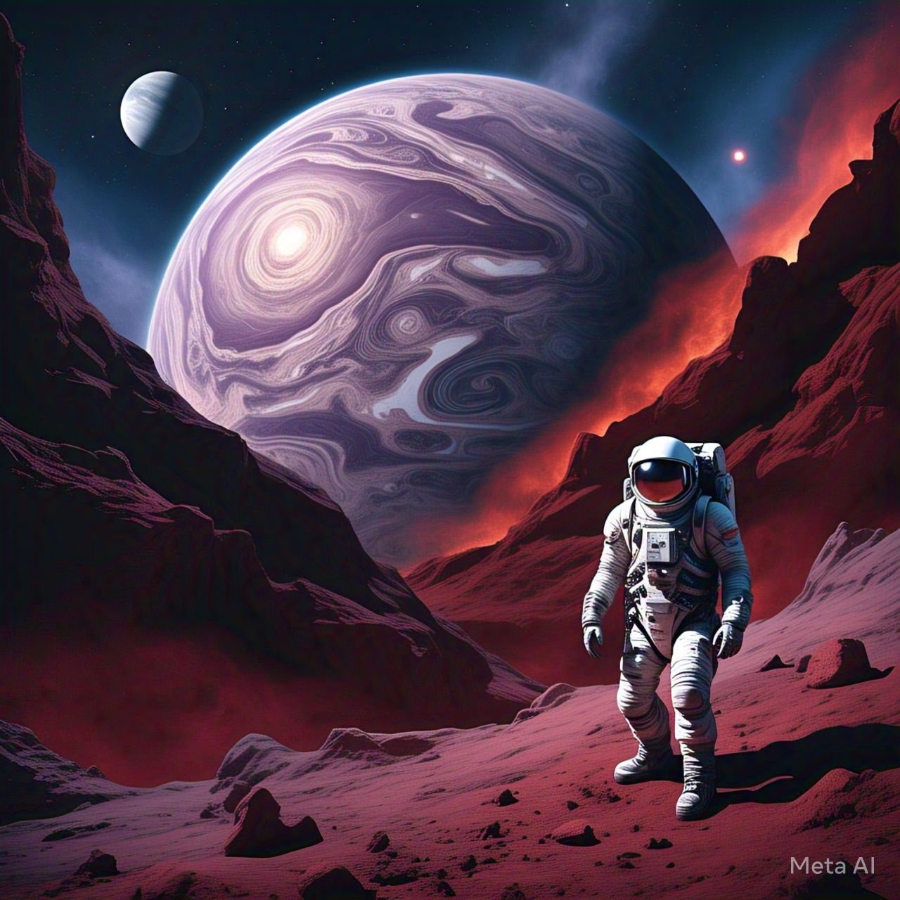 A lone figure in a spacesuit stands on a rocky, red landscape under a massive, glowing planet with swirling features. Surrounding celestial ...