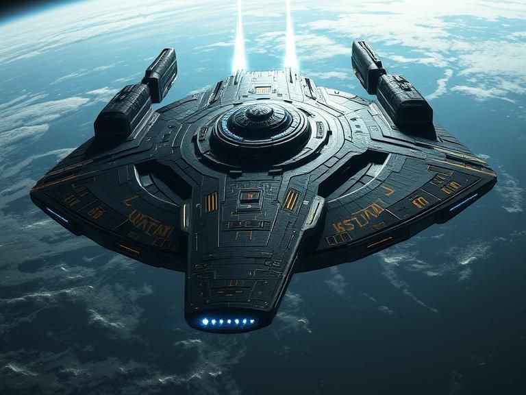 A colossal starship with obsidian-black armor plating and gleaming gold patterns, in low orbit above an oceanic planet, its massive central ...