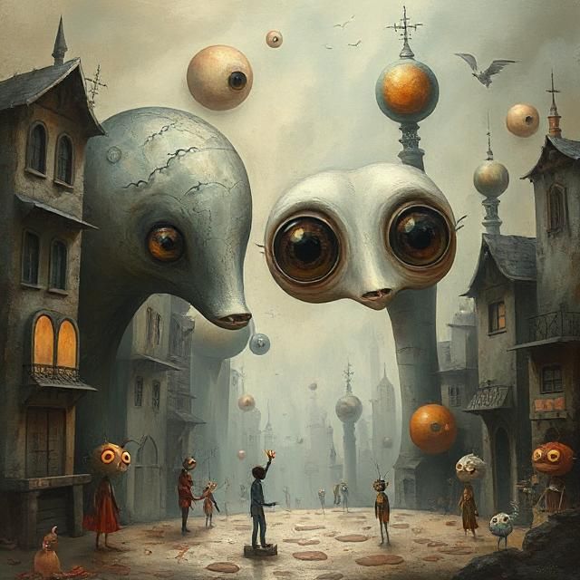 Surreal whimsical painting of a dream with elongated forms, exaggerated proportions, large glossy eyes in a weird city with strange characte...