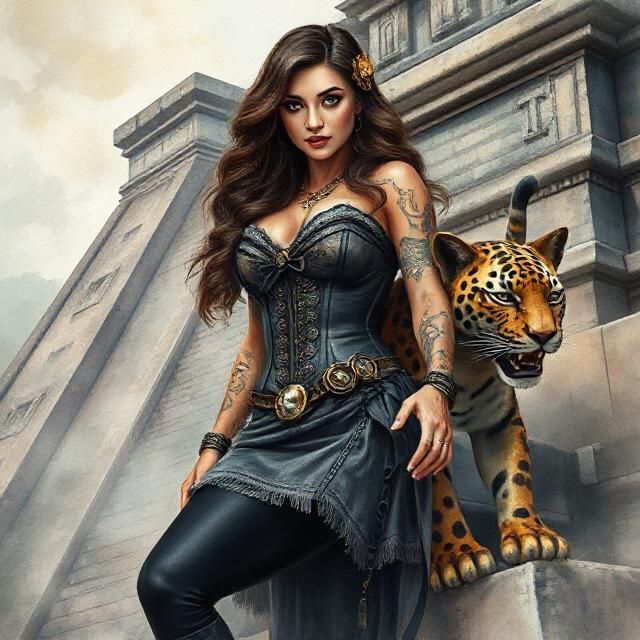 Medium close-up Watercolor painting A curvy Steampunk woman with long wavy hair and perfect eyes at Aztec Temple. She is accompanied by a ja...