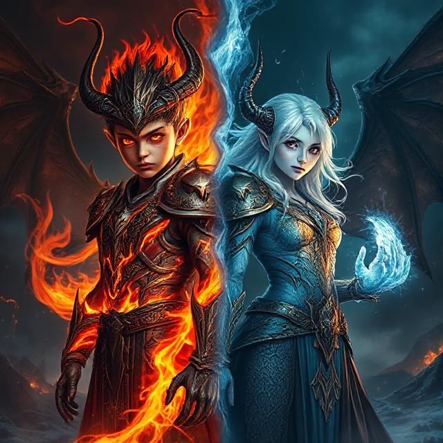 Two mythical elemental beings — a boy and a girl — standing side by side in a dramatic, cinematic fantasy scene. The boy embodies fire: molt...