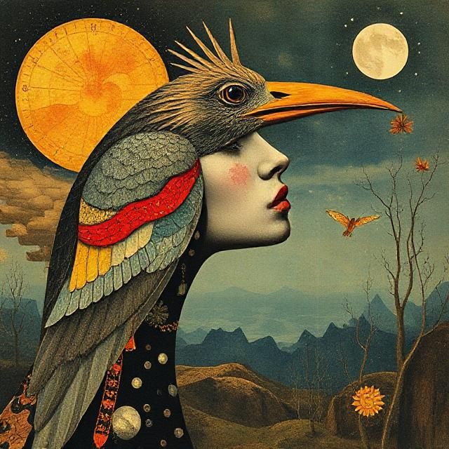 A surrealist collage of a bird woman in the style of Max Ernst