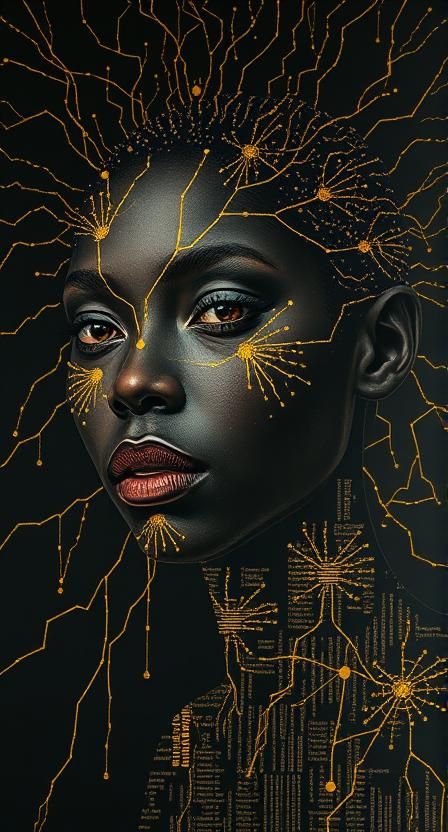 On collodion-coated glass, resin-set beadwork and hand-etched scarification patterns radiate in pulses, framing a dark-skinned nonbinary fig...