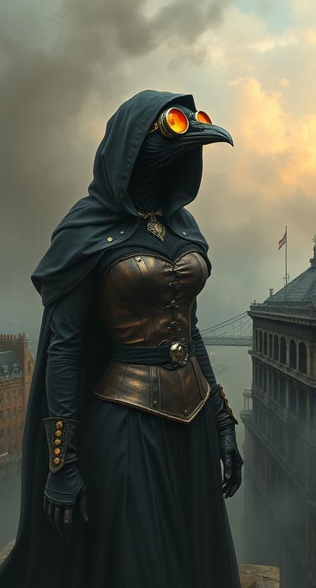 A Victorian widow in a corset of riveted copper stands atop a smog-choked London rooftop, her mechanical raven (gears whirring in its throat...