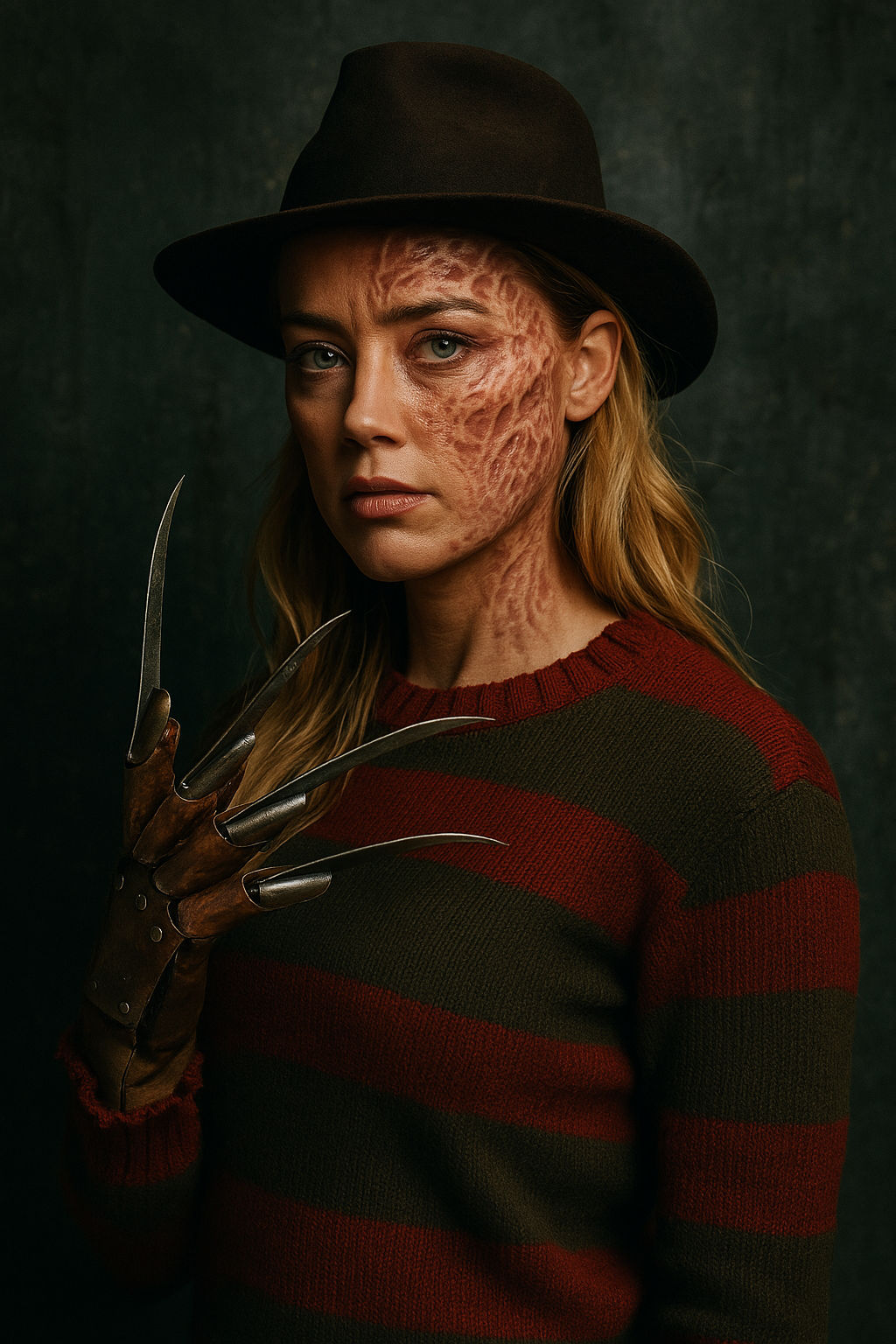 Photographic Amber Heard Freddie Krueger nightmare on Elm Street with claws and red and green striped sweater