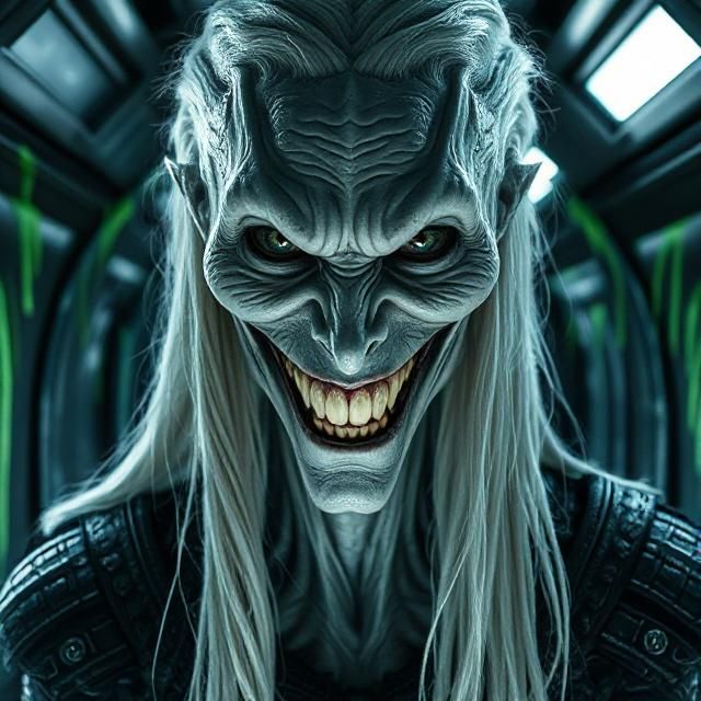 A hyper-realistic portrait of a male Wraith from Stargate Atlantis, with pale, extreme textured skin, long flowing white hair, and sharp, me...