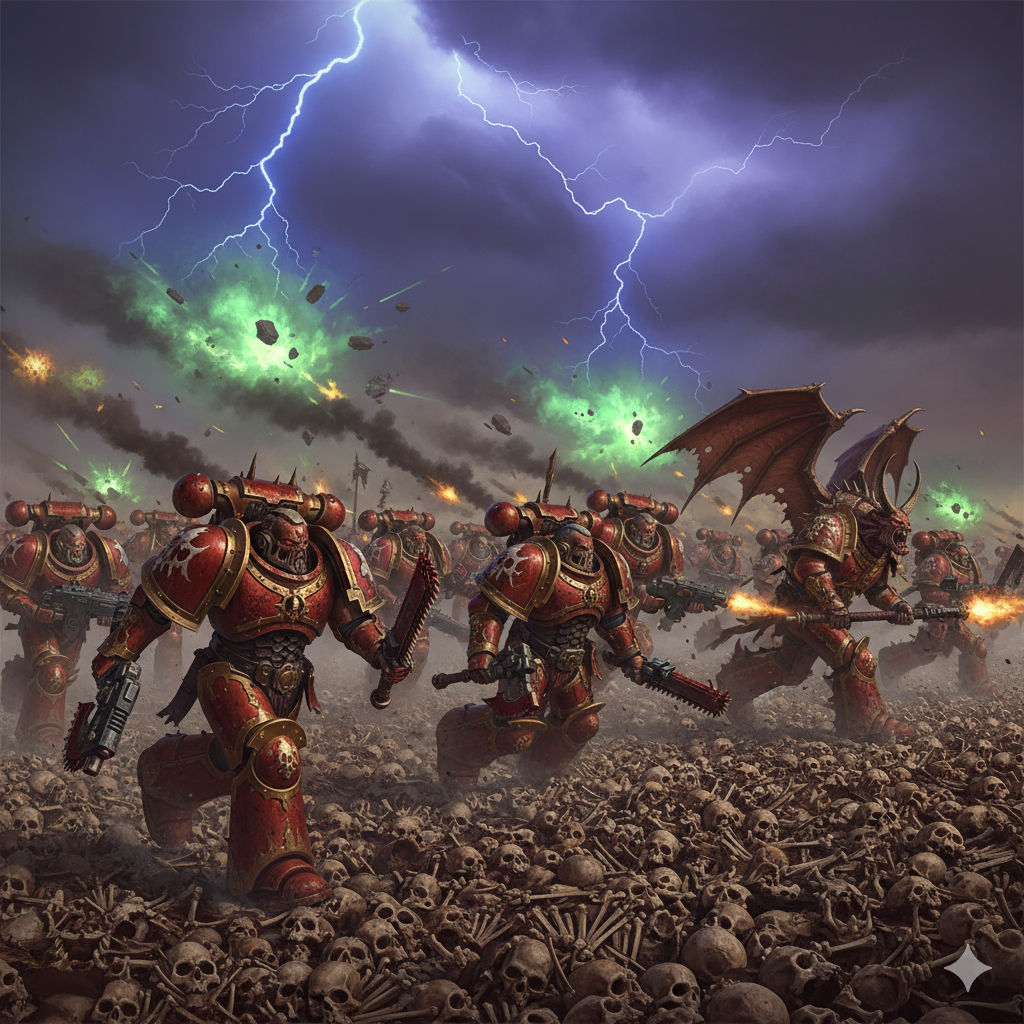 A horde of "World Eaters" Space Marines charges through a field of skulls, weapons blazing and chainsaws revving. The sky crackles with ceru...