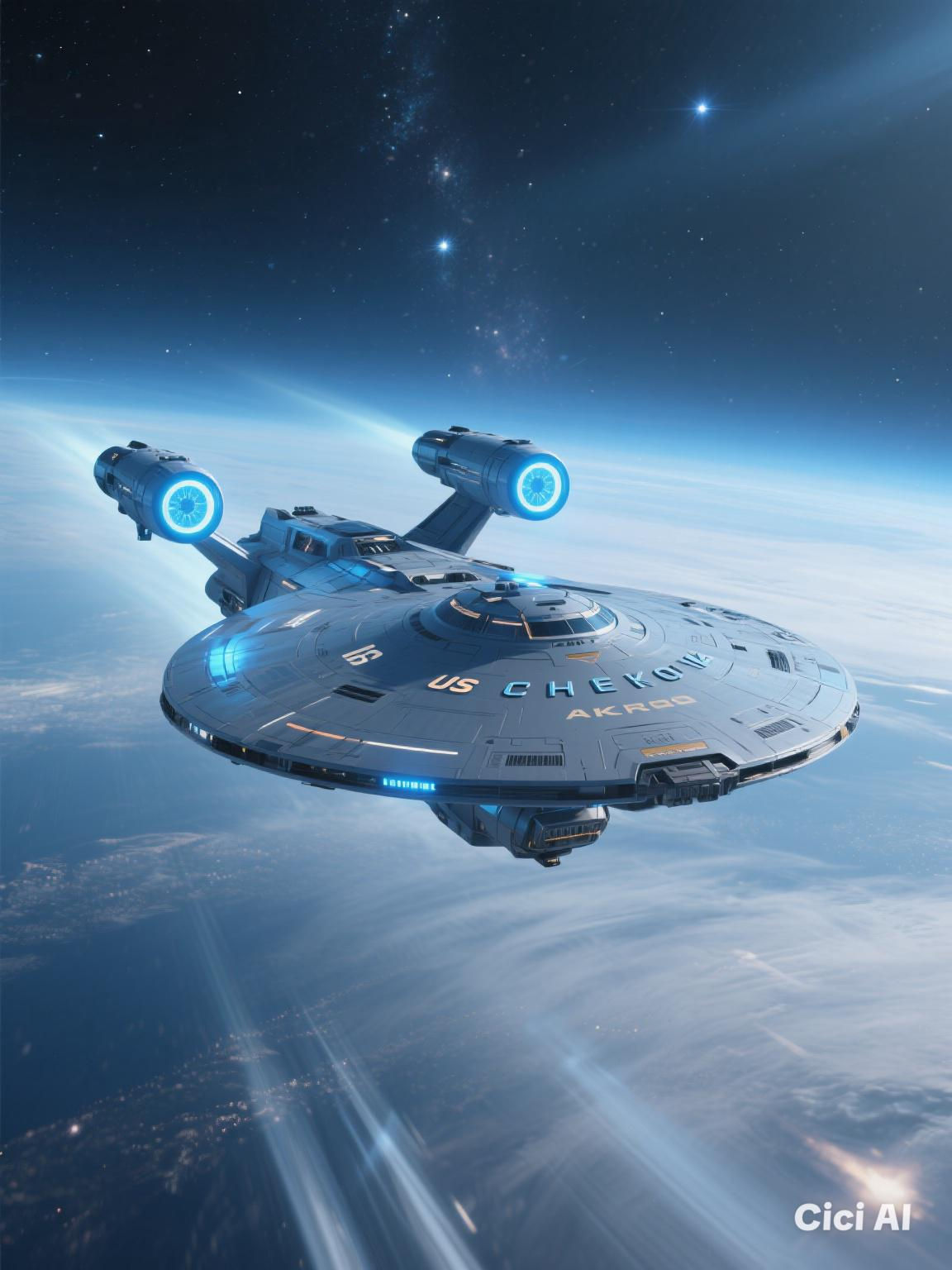 2-The USS Chekov, an Akira-class Starship, glides through the Alpha Quadrant's starfield, its hull shimmering in azure and duranium gray as ...