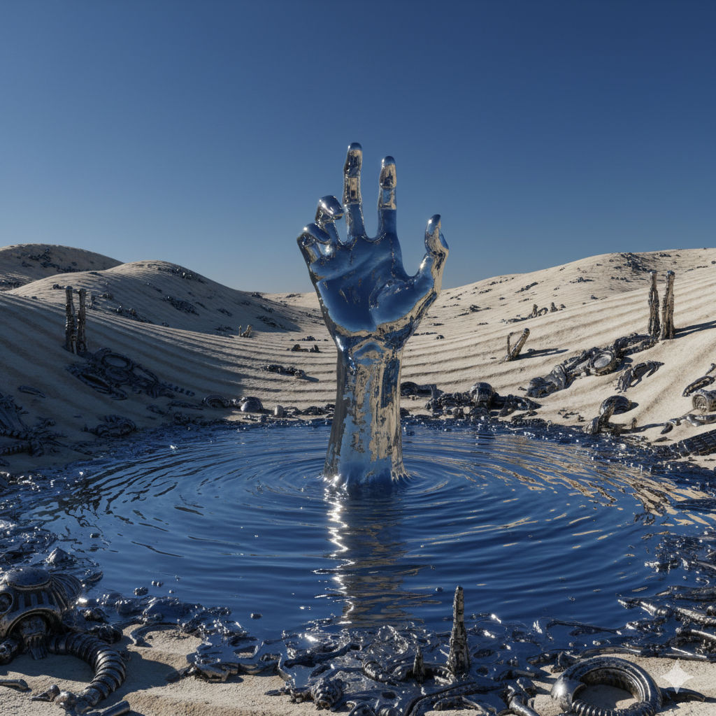 A hyper-realistic image of a pool of liquid mercury in the middle of a desert. From the center of the mercury pool, a shiny silver hand made...