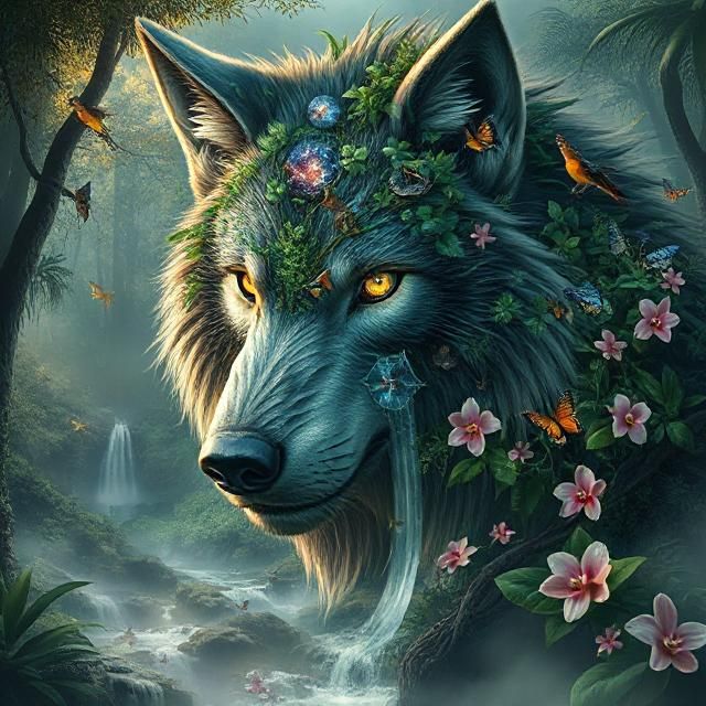 Eco-surrealism fantasy realism of a wise wolf — its face and body formed from lush jungle, flowing rivers, and ancient trees; eyes reflectin...