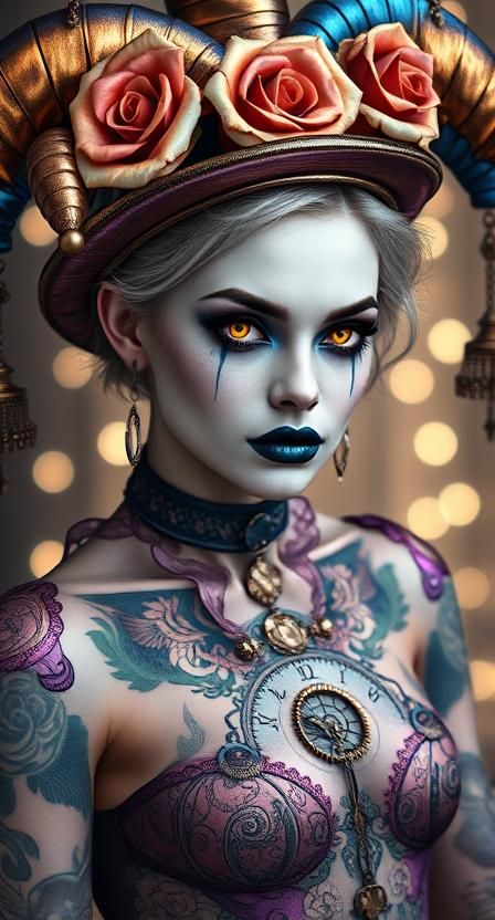 Microsoft Designer prompt 

a hyper-realistic fantasy portrait at posed at an angle of a pale-skinned gothic harlequin woman with glowing am...