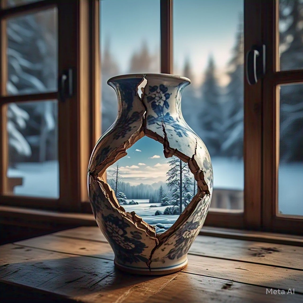 A cracked ceramic vase ,capturing a winter landscape inside.