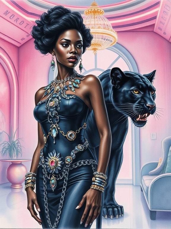 Mid Shot. Watercolor painting A beautiful woman stands poised, wearing an exquisite ensemble made of intricately detailed futuristic jewelry...