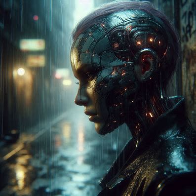 A pensive Closeup 3/4 view of a lone cybernetic woman, her face a mosaic of glowing circuits and weathered metal, walks through a desolate, ...