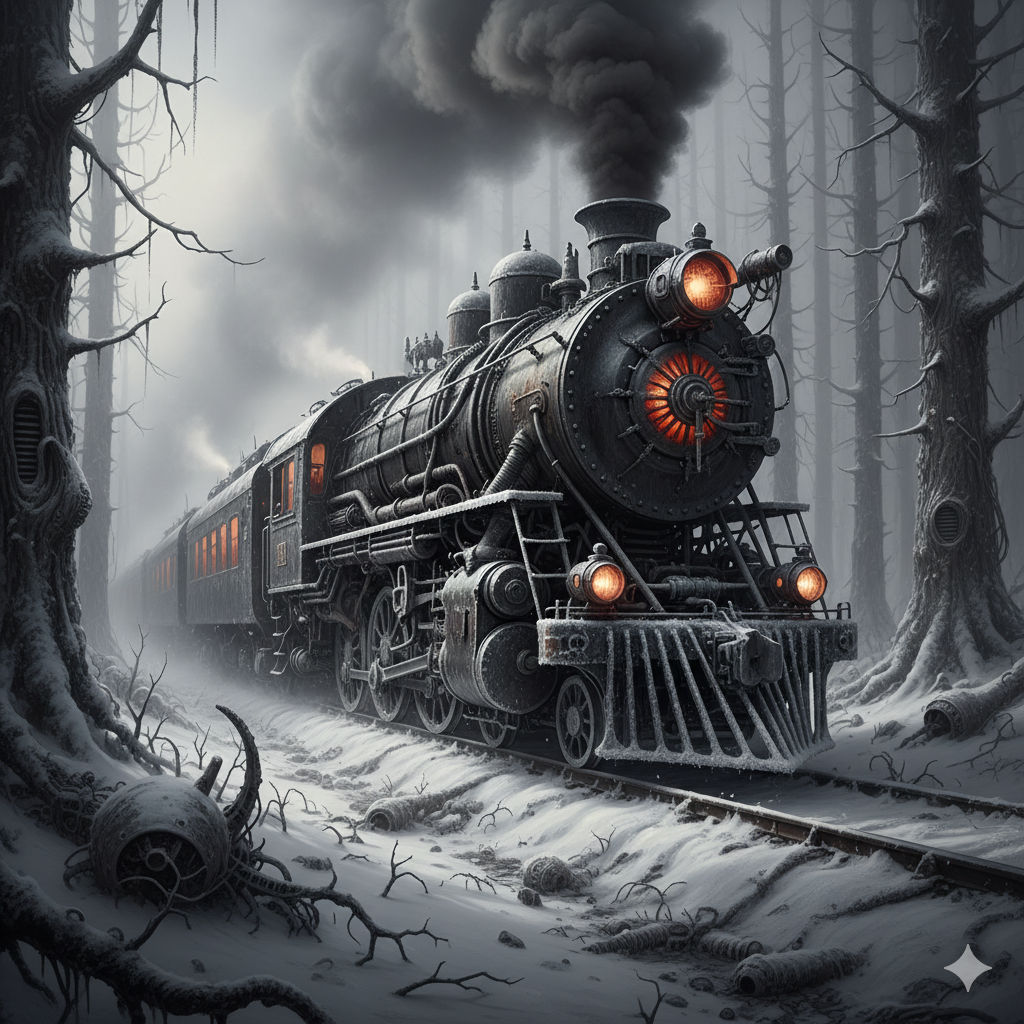 A vintage steam train, its metallic exterior covered in a delicate layer of frost, chugs through a silent, snow-laden forest. Wisps of steam...