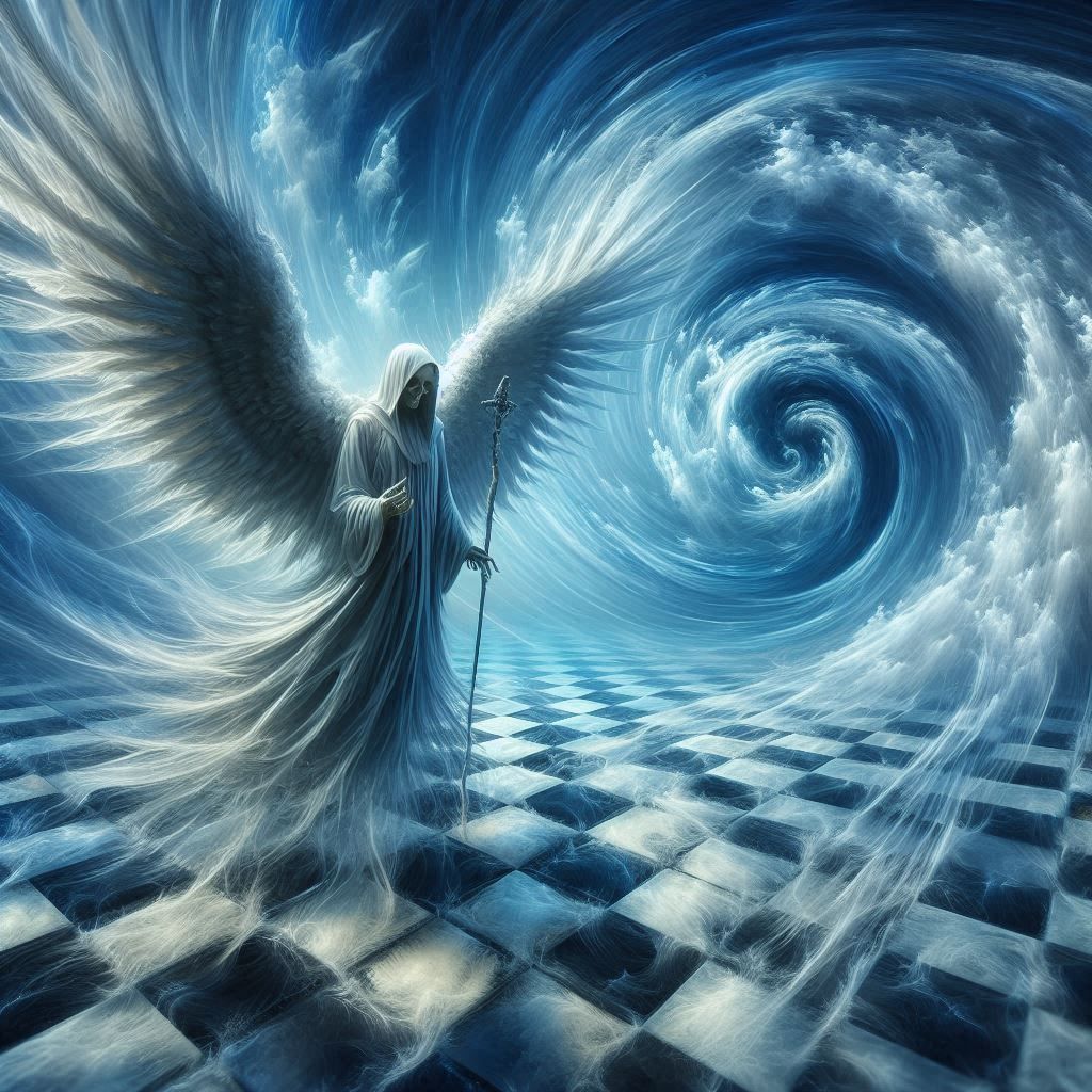 Angel of Death. imagine a surreal chessboard where the squares are dissolving into a swirling vortex of blue and white. A solemn, winged fig...