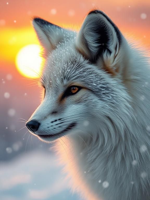 a close up hyper realistic portrait of an arctic fox, snow flakes falling all around him with a gold and pink sunset behind him <lora:Bleed ...