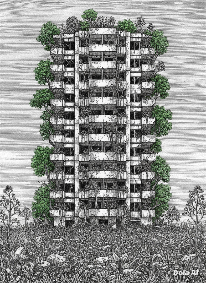 Meticulously detailed landscape drawing in Michael Workman's precise linear style showing abandoned brutalist apartment tower consumed by ve...