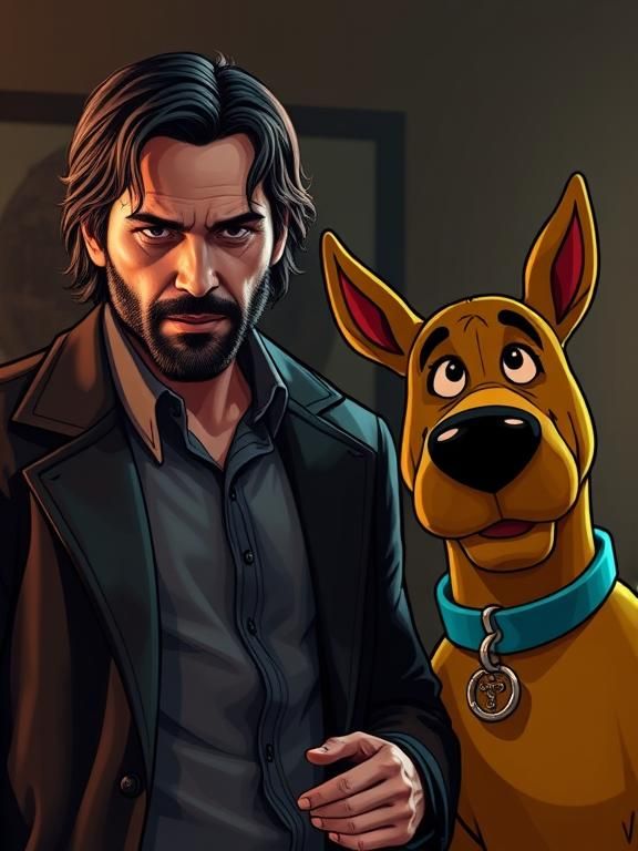 John Wick (in the style of Shaggy from Scobby do) and Scooby Doo. 