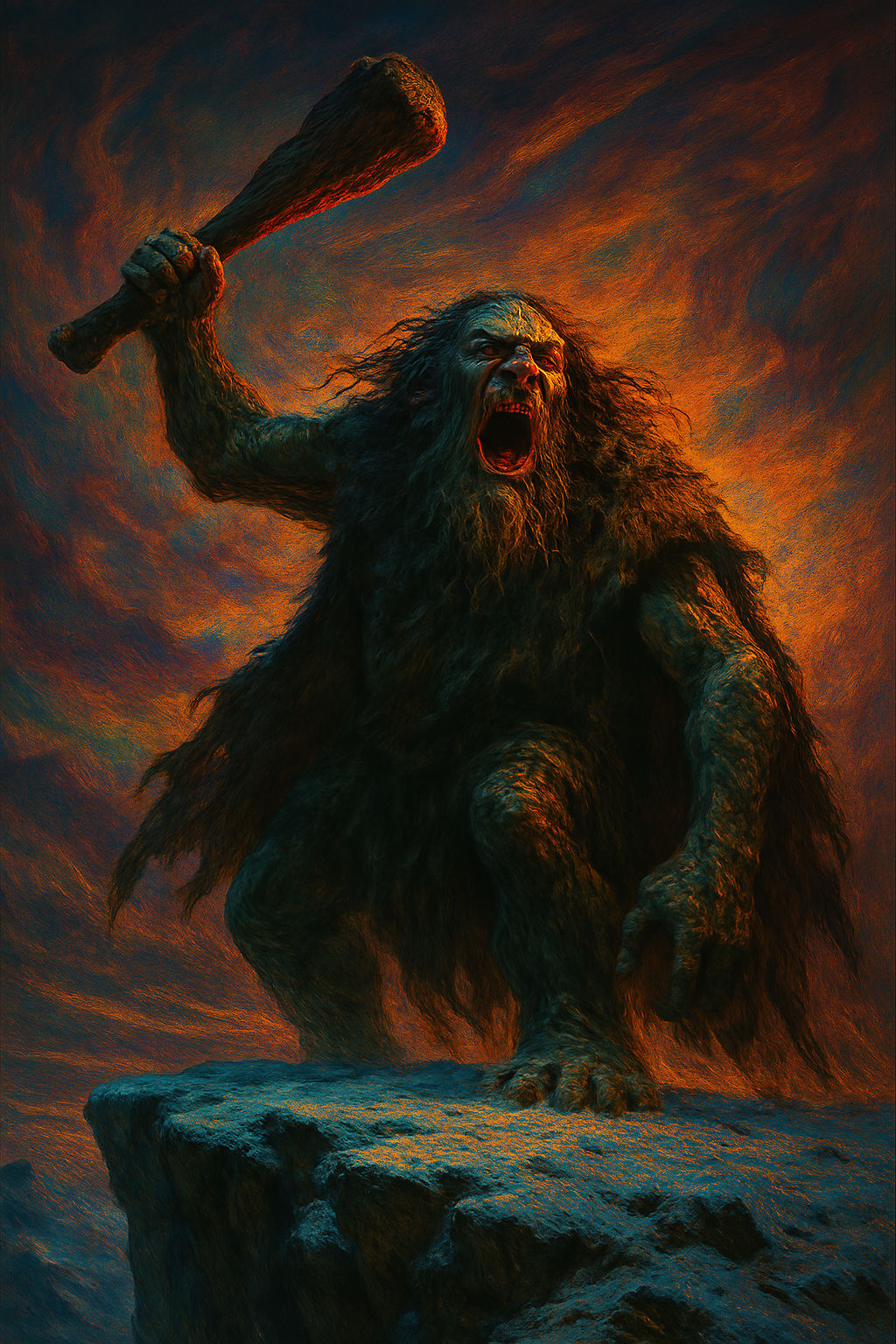 Photographic realistic unreal Engine 5 A colossal troll, draped in a tattered bearskin cloak, looms over a snow-covered cliff edge, brandish...