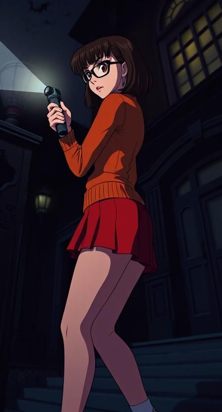 (super panavision 70 with severe visual artifacts:1.5), night scene illuminated by the light of a single flashlight held by Velma Dinkley, v...