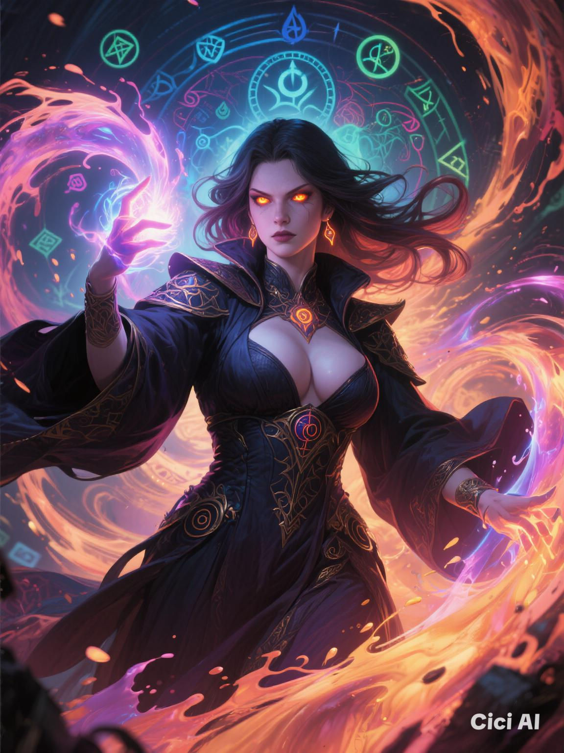 Splash art. Close up. A powerful sorceress casts a spell, her eyes glowing with magical energy. The background is a swirling vortex of arcan...