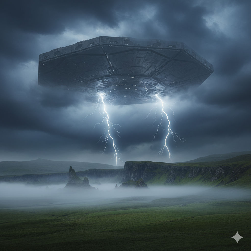 A massive, octagon-shaped alien spaceship descends through dark storm clouds above the Scottish Highlands. Only 25% of the colossal ship is ...