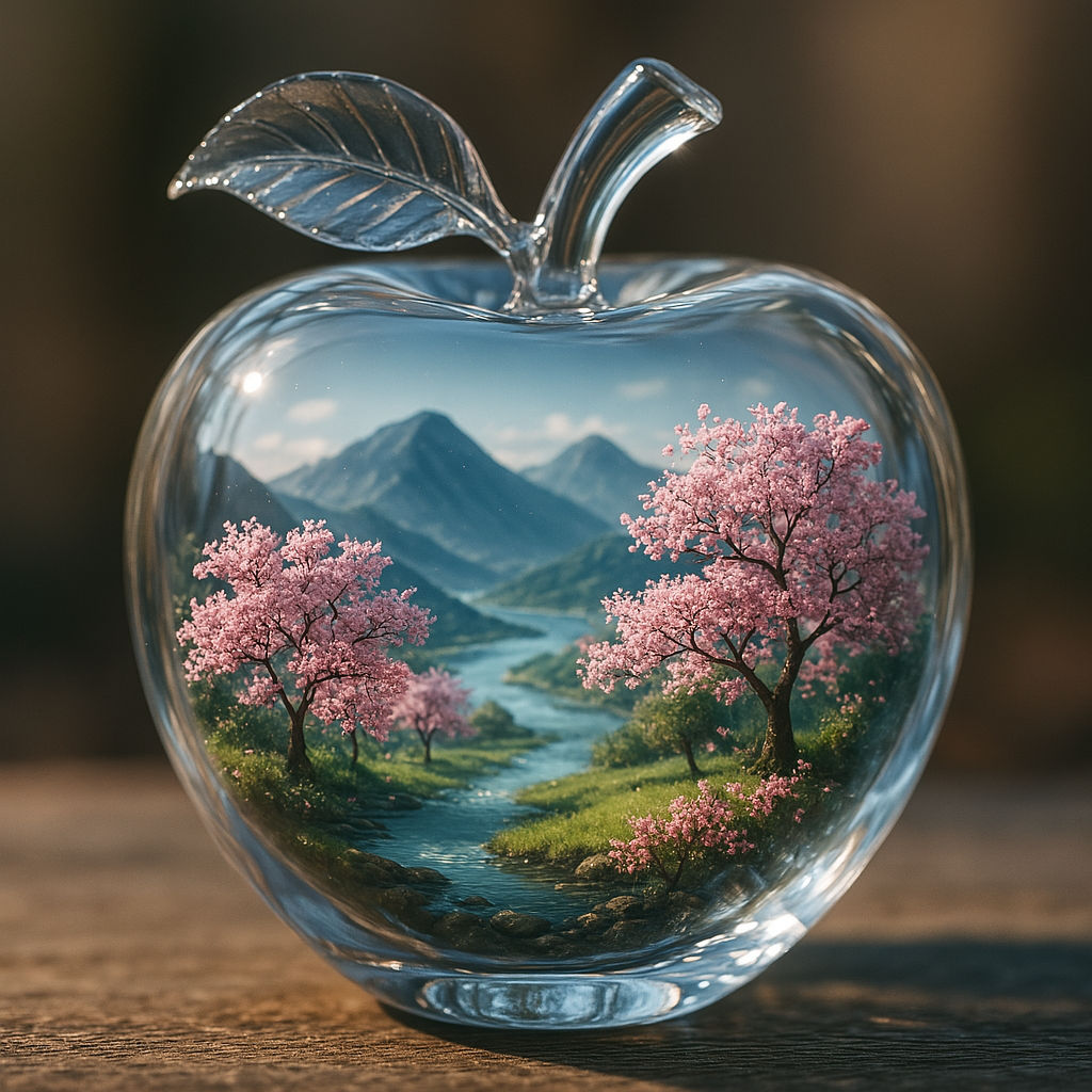 A delicate crystal glass apple with smooth skin, containing a microscopic world with rolling mountains, a serene river, trees bearing cherry...