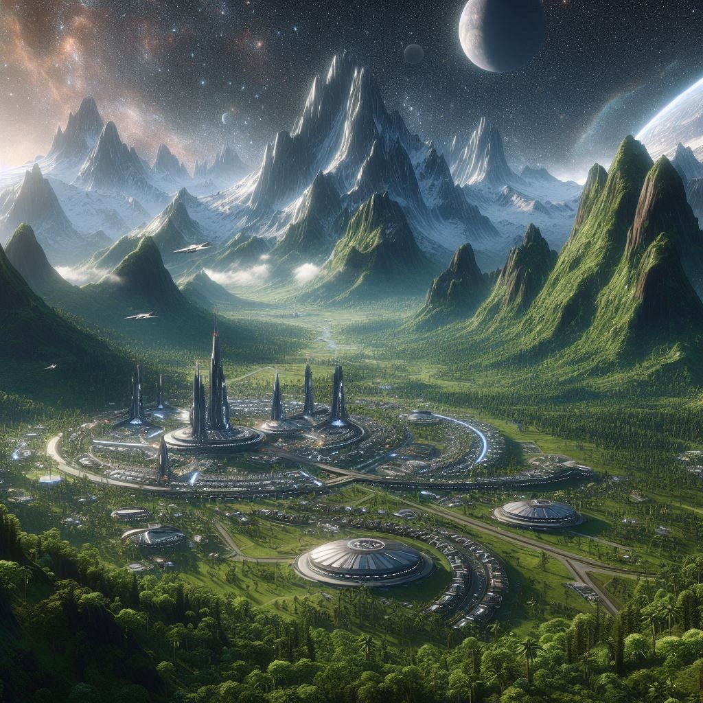 A self-sustaining space colony on a distant planet, nestled within a lush, verdant valley, surrounded by towering, crystalline mountains, a....