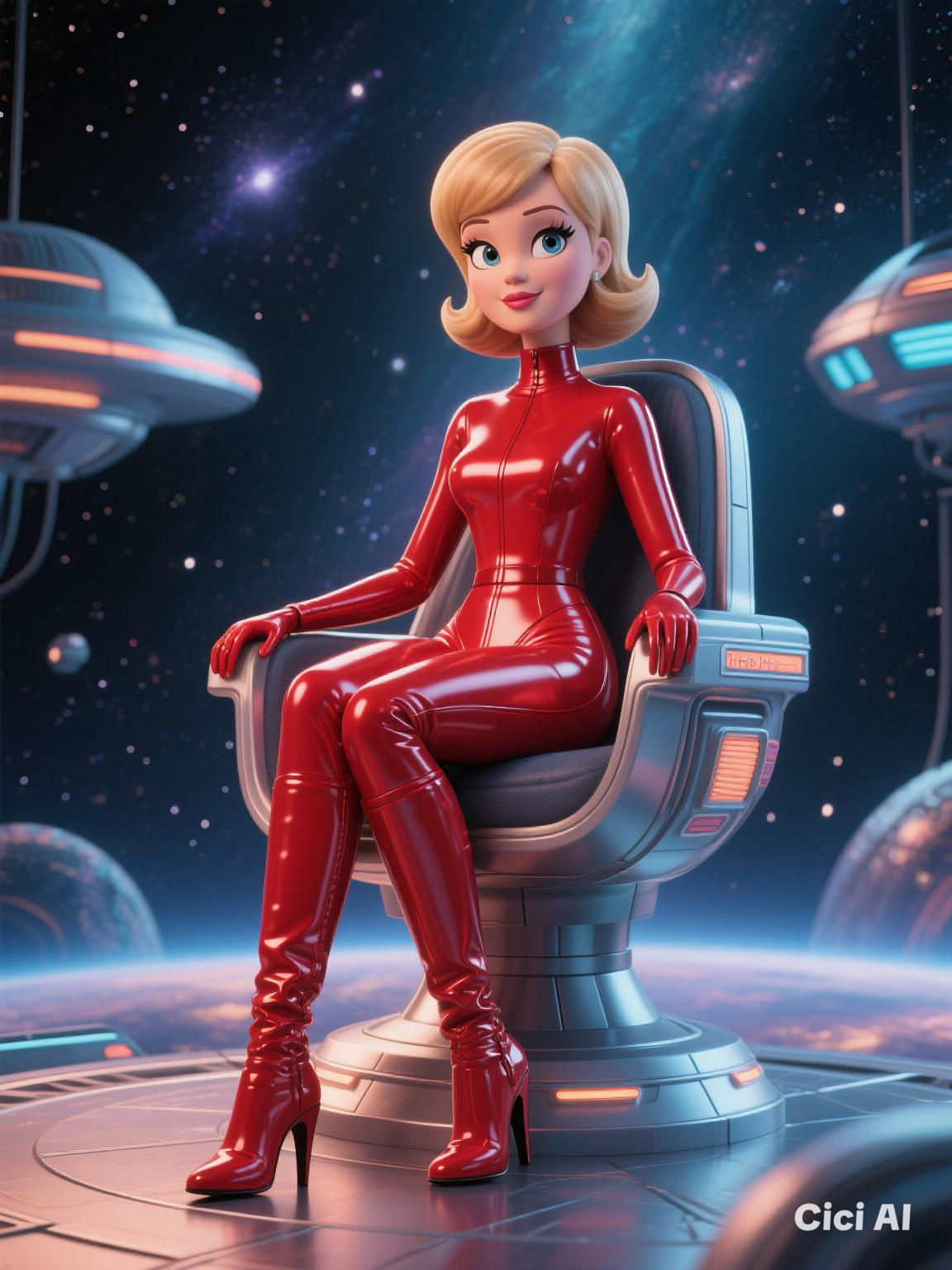 Generate images: 3D cartoon style. Jane Jetson from "The Jetsons" in a tight red latex jumpsuit and knee-high high heel boots sits on a space...