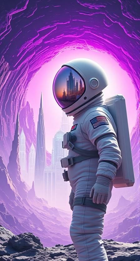 A lone astronaut clad in a spacesuit, standing against a radiant violet crater, helmet visor, reflecting an alien city with crystalline spir...