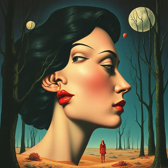 A surreal and symbolic image in a Flux style. The artwork centers on a giant, stylized profile of a woman's face, partially obscured by vert...