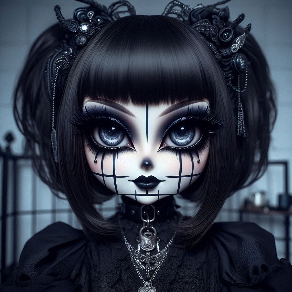 A square gothic anime character with exaggerated square facial features, large, expressive square eyes, and striking makeup stands in a surr...